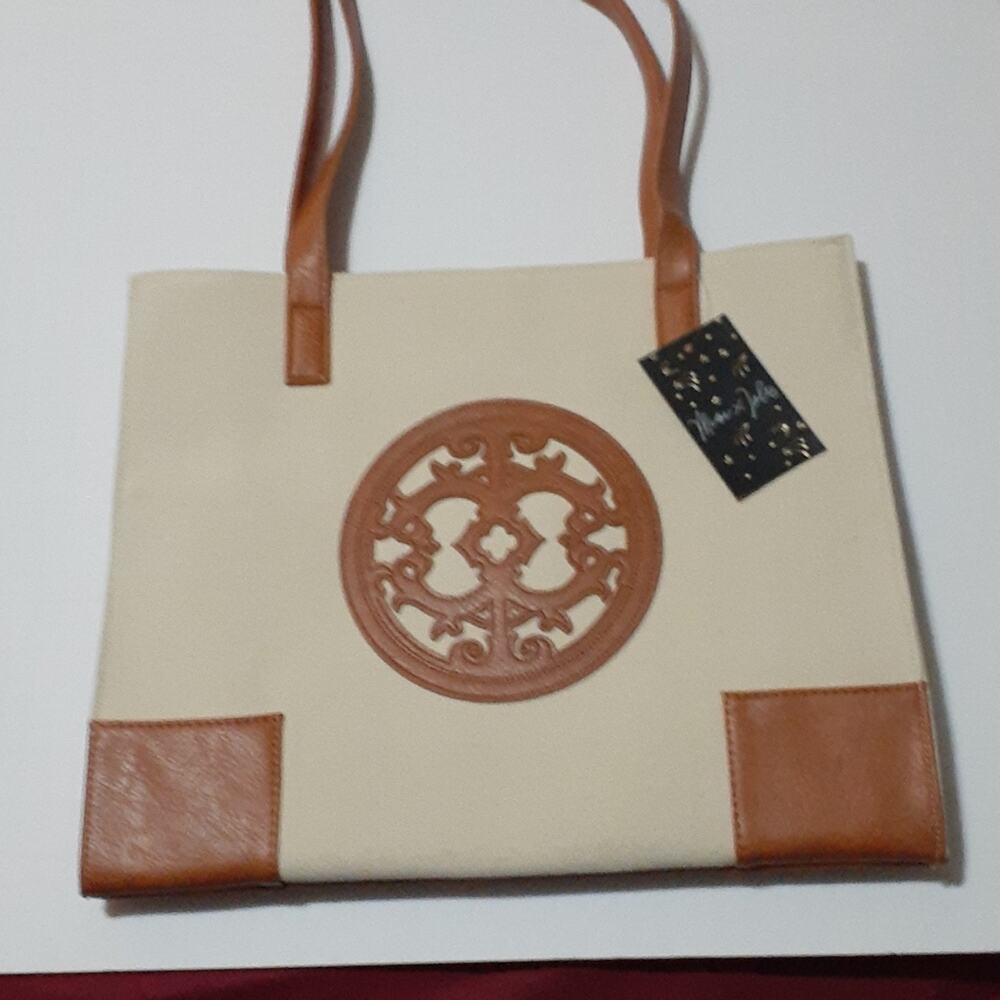 Mimi X Jules Beige and Brown Faux Leather/ Canvas Tote Bag.